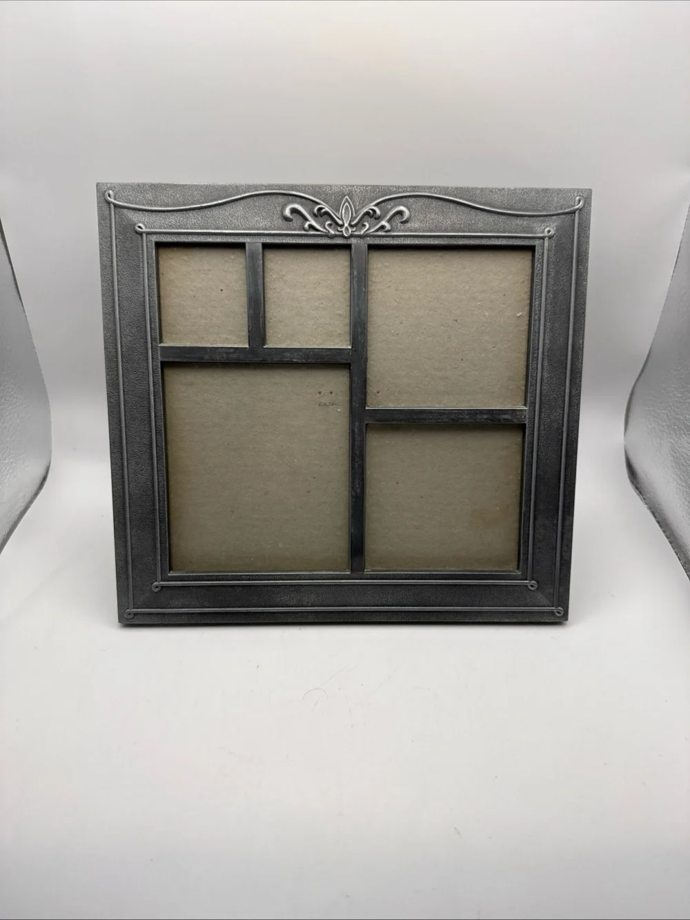 VTG Pewter Frame 9”x9.5” Hold 5 Photos 2- 2x 1.5 & 2- 2 3/8 x 1.75 1- 4x3 Scroll